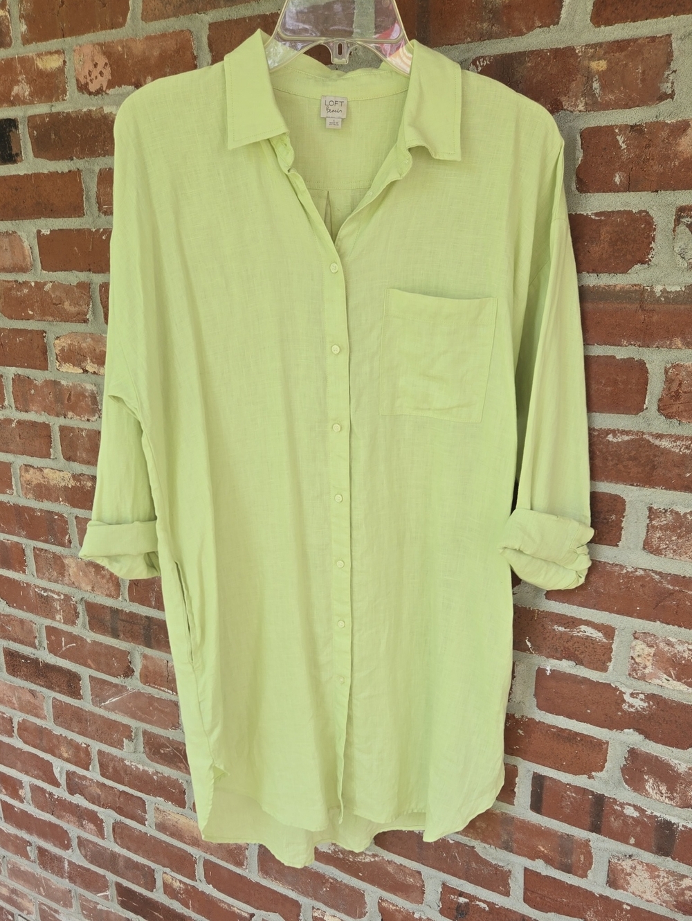 LOFT Beach Pale Lime Button-Front Tunic Blouse Woth Pockets